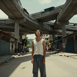 a film still from Tekkonkinkreet by Ian McQue , low level looking up, insane multiple overpass interchange looms overhead and casts shadow, dusty street of favela city, vibrant, 50mm lens, video game character and environment design, 2d game lineart behance hd, studio, dramatic lighting, cinematic, global illumination, trending on Artstation, bloom