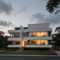 a luxurious house, brutalist architecture, ( le corbusier ), glowing lights, trees, daytime, cloudy sky, sunset, epic, digital art, subtle colors, concept art, detailed illustration, centered, hd, 4 k, photorealistic, digital art, greg rutkowski, trending on artstation