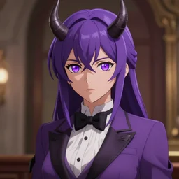 beautiful anime woman with purple hair, a horn! on her forehead, purple eyes, a purple tuxedo, sharp focus, intricate, cell shaded, award winning photography, cinematic, digital painting, cinematic, wlop, 8 k, by ross tran, tom bagshaw