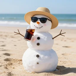 a real snowman ( )! wearing straw hat and sunglasses, relaxing on sandy beach drinking cold soda, ( ), on a beautiful sunny day, photorealistic image ultra detailed, high resolution, trending at artstation
