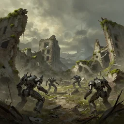 the concept illustration of wasteland, ruins of buildings after the battle, desolate world, moss creeping up the ruins, the broken remains of mechs, greg rutkowski, james gurney, johannes voss, john harris, alena aenami artworks in 4 k
