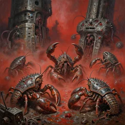 fine art oil painting varied muck jeweled, filthy hosed, doubled, spiked, rugated armored crustaceans clawing & terrified, as massive brutalist structures, claustrophobic cilia sporing pox, final battle failure, red mustard gas fog, by h r giger, bisley, b wolverton, jack gaughan high resolution, hyper detailed, cinematic