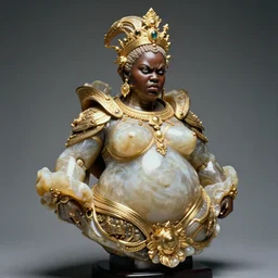 intricate slightly iridescent and tanslucent hyperrealistic onyx and gold bust of futuristic obese beautiful cybernetic black girl angry empress, museum piece, 3 5 mm film photograph