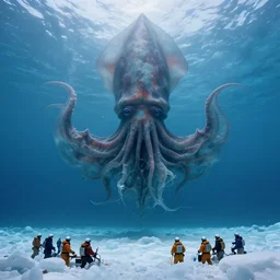 lake vostok, russian research team, organism 4 6 - b hyperrealism, submerged photography, giant subglacial lake, submerged massive colossally grandiose hypnotic shapeshifting squid