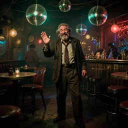 the full - body shot of drunk grinning wrinkled unkempt detective with mutton chops beard investigating the crime scene in dark steampunk fallout disco bar, cinematography of christopher doyle, frostpunk, neon gloomy light, discoball reflections, anamorphic, optical flares, kodak film, insanely detailed, 8 k