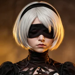 gentle portrait of nier automata 2 b blindfolded. by nikolay makovsky greg rutkowski. brown black, orange, yellow. sharp contrast