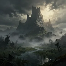 beautiful render of a eerie landscape, lovecraftian style, unreal engine, dark, last light, majestic mountains, swamps, morning mist, dramatic clouds, big castle ruin, soft light, lovecraftian, by greg rutkowski, cgsociety