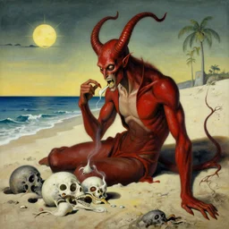 A very detailed surreal fantasy horror painting of Asmodeus chilling on the beach devouring souls by Manjit Bawa and Salvador Dali, trending on artstation, 4k, widescreen.