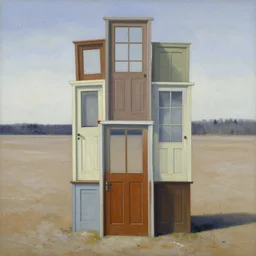 doors stacked on top of eachother on a cold, dried out lake, painting by surrealist painter kay sage,