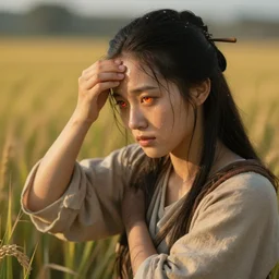 lain iwakura lain as medieval peasant working in the field wiping off sweat from forehead cute ember eyes hairpin wonderful masterpiece highly detailed scifi, beautiful cinematic light deep focus, elegant, digital painting, smooth, sharp focus, golden ratio, dramatic illumination, ultra realistic, 4 k, art by greg rutkowski wlop rossdraws