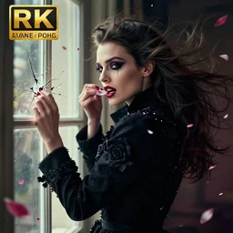 hyperrealistic portrait of a woman as candice swanepoel as a vampire witch tears makeup in a black flower coat turned back while closing a window over the shoulder shot portrait cracks with falling petals in wind. by jeremy mann and alphonse mucha, fantasy art, photo realistic, dynamic lighting, artstation, poster, volumetric lighting, very detailed faces, 4 k, award winning