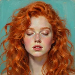 hyper realistic painting portrait of a redhead girl with flowing curls and closed eyes, orange subject and turquoise background, hyper detailed face by stjepan sejic, by norman rockwell, by michael hussar, by roberto ferri, by ruan jia, textured turquoise background