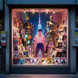 1 9 7 9 science fiction magazine window shopping downtown in neo - tokyo. in the style of bladerunner concept art by syd mead