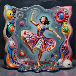 an extremely high quality hd surrealism painting of a 3 d perspective neon complimentary - colors cartoon surrealism melting sculpture gallery cast glass biological anatomical dancer by a much more skilled version of kandinskypicasso and salvia dali the fourth, salvador dali's much much much much more talented painter cousin, 8 k, ultra realistic, very realistic, nerves, veins, neurons, 4 k