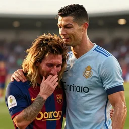 lionel messi crying on cristiano ronaldo's shoulder, cristiano is very proud of himself, digital art, art station, high quality, very detailed, golden hour, 8k