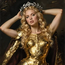 beautiful rugged sultry thick saoirse ronan, blonde hair, wearing gold armour, posing seductive, ornate silver wreath, oil painting by titian, hard focus, portrait