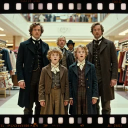 sharp, highly detailed, 8000k film, 7000mm film, high quality frame scan from a sci fi blockbuster color movie made in 2019, a family of four time travelers from 1860 travel in time to 2019, appearing in a shopping mall, looking surprised, the family are all wearing 1860s era clothes, good lighting, in focus, cinematic still, high quality scan, in focus, 35mm macro lens, oscar winner, award winning lighting, award winning photography, ultra high definition