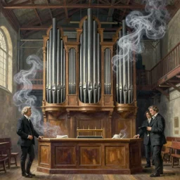 interior, pipe organ factory, fantasy, 19th century, ghostly smoke, highly detailed, Artstation, oil on canvas painting by caravaggio and alan lee and john howe