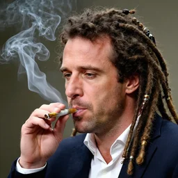 a photo of François Hollande with dreadlocks smoking a joint, lots of dreadlocks on the head, short dreadlocks with beads