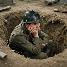 tilt shift goku pondering over a dug out trench wwi, dramatic light, zdzidaw, ultrafine, hyperrealistic, vintage, retro, 3 5 mm film still, movie