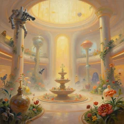 a minimalist oil painting by donato giancola and james gurney, warm coloured, cinematic scifi bioluminescent luxurious futuristic foggy steam filled art deco garden circular shopping mall interior with microscopy minimalist giant windows flowers growing out of pretty bulbous ceramic fountains, gigantic pillars and flowers, maschinen krieger, beeple, star trek, star wars, ilm, star citizen