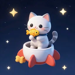 a robot cat sitting in a tiny rocket among the stars with a little fish toy in its mouth