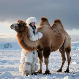 an eskimo with her arm around a camel at the arctic