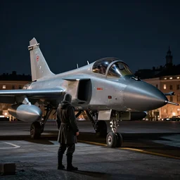 lone jedi looking down on Stockholm, night, SAAB 39 Gripen, trending on artstation, hd, wlop, octane render, HDRI, atmospheric, Volegov