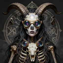 detailed realistic mystic, beautiful halloween ritual with bone texture, pentagrams, very expressive, ritual death mask portrait, glowing bubble mind, large steampunk goggles, chest, goat skull, fluorescent eyes, very long horns, by karol bak, iris van herpen and marco mazzoni, nature art forms by ernst haeckel, art macabre