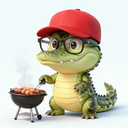 a photograph of a young crocodile with wayfarer glasses and red baseball cap having a barbecue, by yoichi kotabe, by floro dery, shoji kawamori, and greg rutkowski, artstation, concept art, high quality illustration, mtmte, cover art