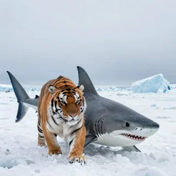 A shark tiger hybrid 8' the Arctic snow. A creature that is half tiger half shark. National Geographic photograph