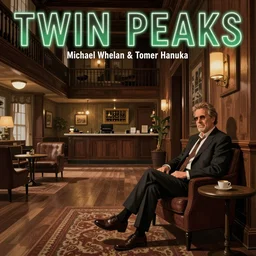 Twin Peaks poster artwork by Michael Whelan and Tomer Hanuka, Karol Bak, Rendering of Jeff Goldblum as the hotel owner, sitting alone in the lobby of his hotel, empty interior, from scene from Twin Peaks, full of details, by Makoto Shinkai and thomas kinkade, Matte painting, trending on artstation and unreal engine