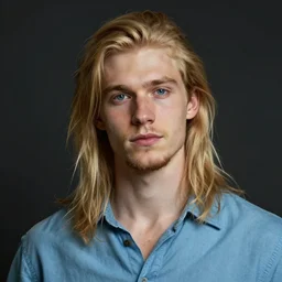 digital oil portrait of a skinny european male, longer blond hair, light stubble beard, wearing a light blue shirt, blue eyes, rugged, teenage, fantasy, wizard, trending artstation, relaxed expression, dark lighting, high detail