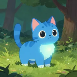 illustration of glowing adorable blue cat in grassy field, tree, detailed concept art, artstation, warrior cats, shading,