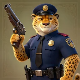 digital painting of cheetah in policeman suit with massive gun in hand with high detail, zootopia stile, realistic, warrior, concept art, artstation trending, cgsociety, octane render, unreal engine 5, stunning detail, works by artgerm, greg rutkowski and alphonse mucha, 8 k uhd,