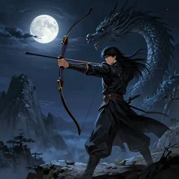 korean archer. dragon. night sky. moon. mountain. dark fantasy. high resolution. epic fight. detailed. digital art. by kentaro miura
