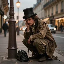 a ragged clothed man begging on a street in early 2 0 th century paris. he has a top hat. street lights. evening. warm atmosphere. epic scene.