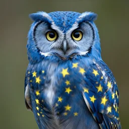A blue hooded owl with glowing yellow stars on its back, realistic