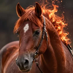 horse close - up, reddish - brown, fire and flames mane, sparkles, medieval fantasy, d & d, highly detailed, digital painting, artstation, concept art, sharp focus, illustration, frazetta, aleksi briclot, rutkowski