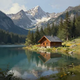 digital painting of mountain lake cabin by Arthur Adams , trending on artstation