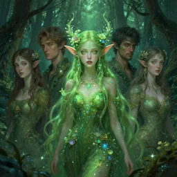 green!! forest fae ; by james jean, charlie bowater, tom bagshaw, nikolay makovsky, melanie delon : : enchanting, ethereal, magical, glowing, sparkle, iridescent, flowerpunk, portrait, character design, illustration, hyperrealism, photorealism, digital art, concept art, dark fantasy, weta, wlop, artstation