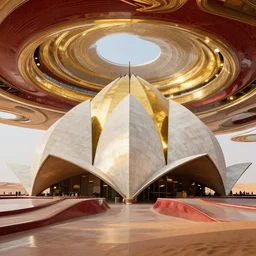interior of a futuristic lotus temple with gold, red and white marble panels, in the desert, by zaha hadid and buckminster fuller and syd mead, intricate contemporary architecture, photo journalism, photography, cinematic, national geographic photoshoot