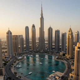 many dubai skyscrapers, small lake in the middle with yachts, small distant birds, golden hour, artstation, unreal engine 5, photorealistic, hyperdetailed, beautiful, epic scene, aerial view,