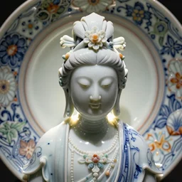 A single Close up photo-real delicate ceramic porcelain sculpture of an ornate Goddess detailed in front of an intricate background by Victo Ngai and takato yamamoto, micro detail, backlit lighting, face in focus, subsurface scattering, translucent, thin porcelain, octane renderer, colorful, physically based rendering, japanese pottery, trending on cgsociety
