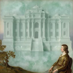 achingly beautiful painting of intricate ancient palace on jade background by rene magritte, monet, and turner. giovanni battista piranesi.