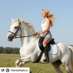 blonde girl riding unicorn, real photo, instagram photo