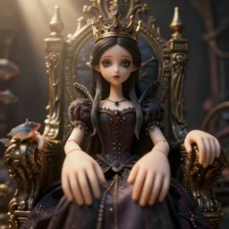 highly detailed closeup, simple doll hands, portrait of a gothic fairy princess wearing a crown and sitting on a throne, unreal engine, nicoletta ceccoli, mark ryden, earl norem, lostfish, global illumination, god rays, detailed and intricate environment