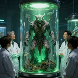 scientists watching a clone of cthulhu in culture capsule, bio chemical, hyperealistic, detailed photography, divinity, awful, sci - fi, green light