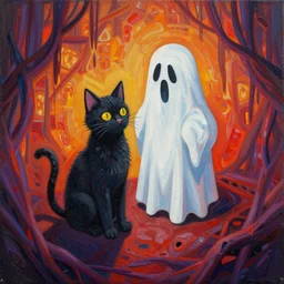 cat and ghost, isometric perspective, grotesque, doomed, acrylic paint, gouache on canvas, vibrant colors, grotesque, wrapped thermal background, art francis bacon