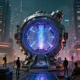 teleportation machine in a cyberpunk world, with people using it to travel the city, the machine is a large metal contraption with plasma energy in the center by daniel ridgway knights